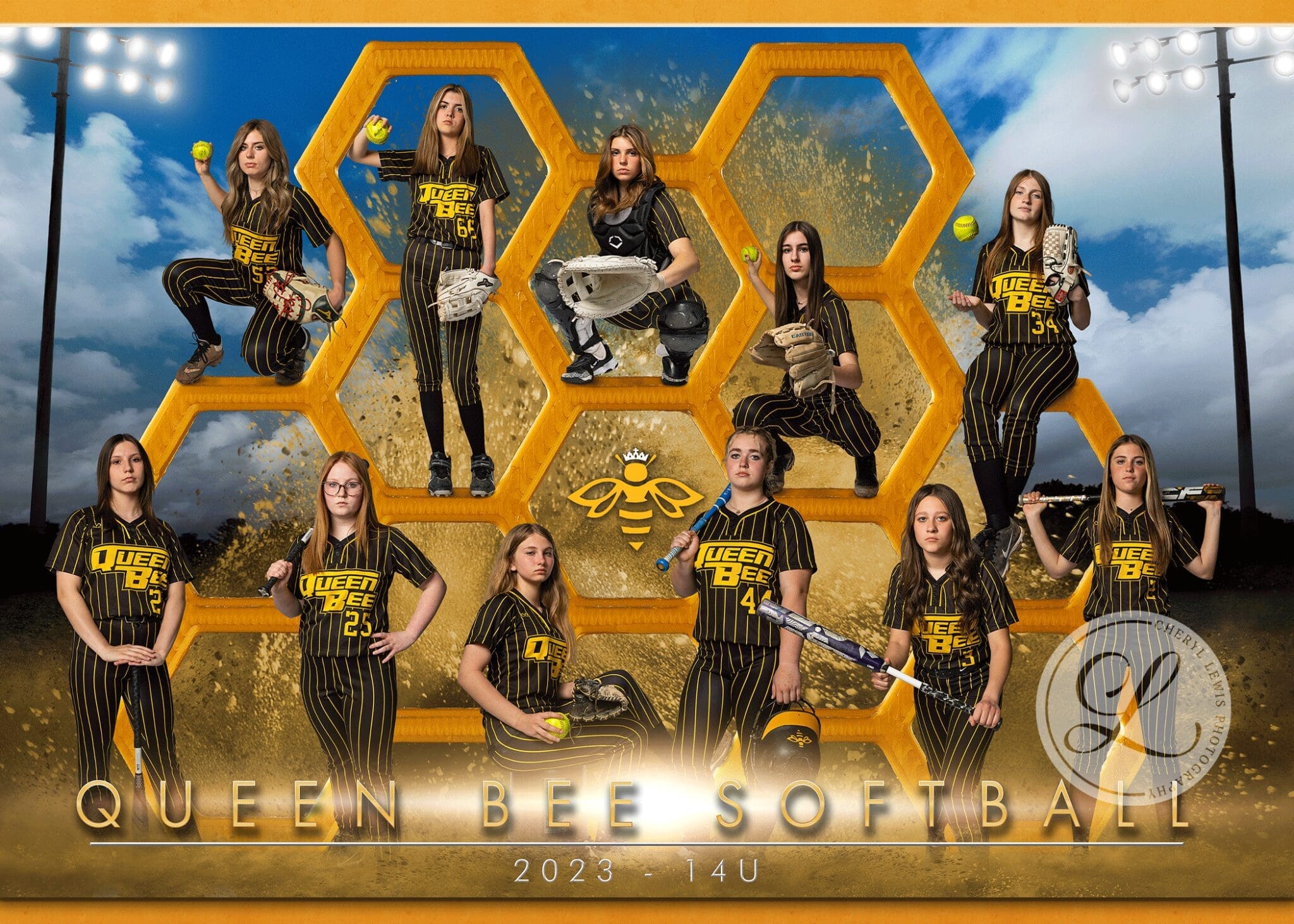 A collage of the queen bee softball team.