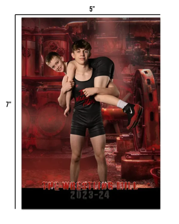 Two wrestlers in front of a red background.